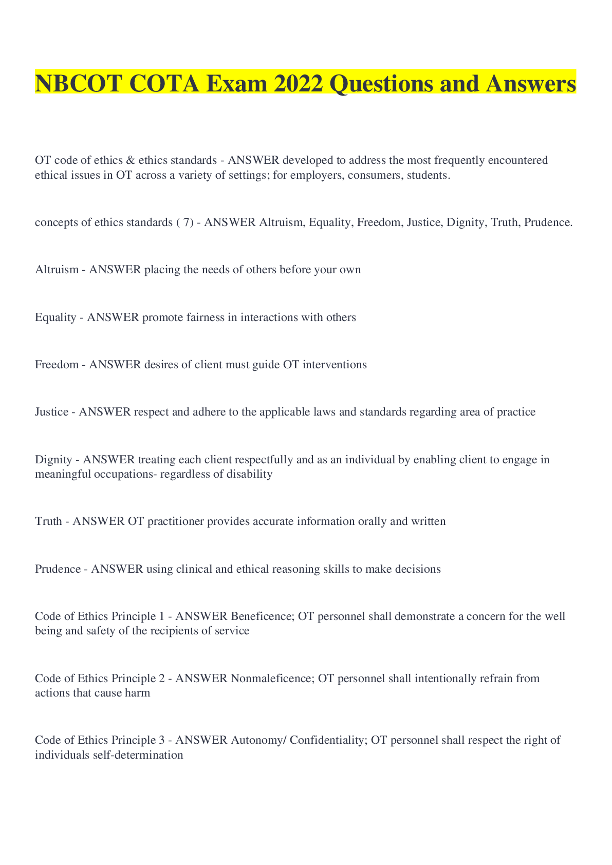 NBCOT COTA Exam 2022 Questions and Answers Browsegrades